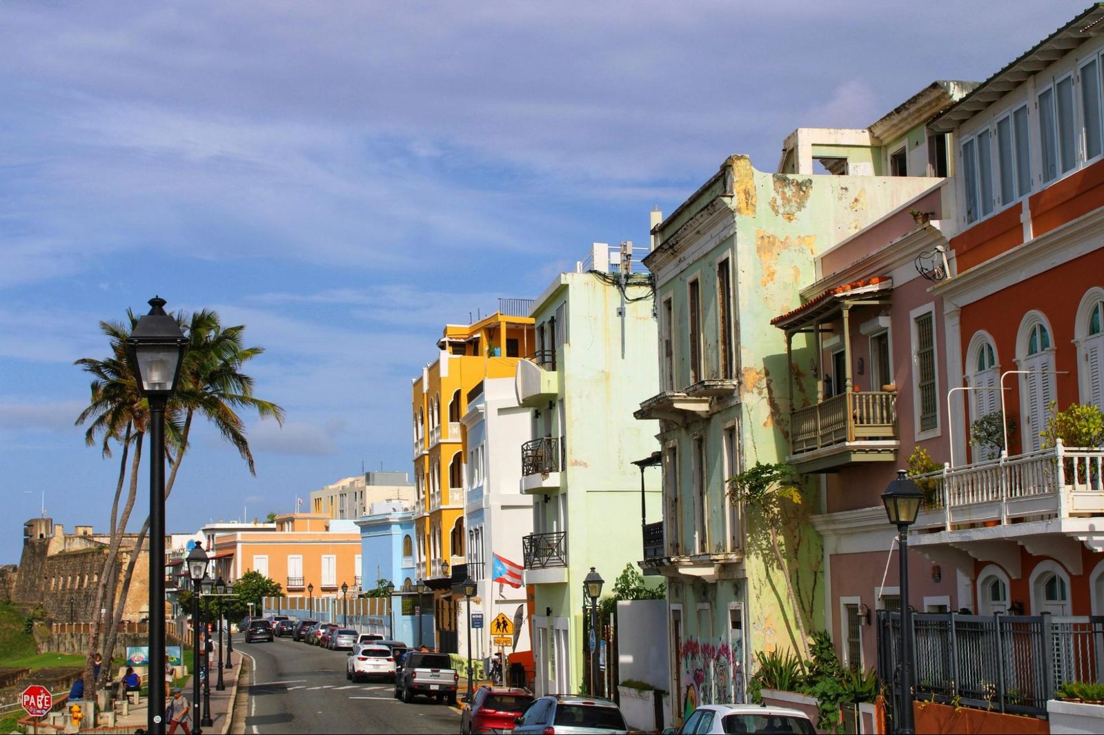 Old San Juan's blue cobblestones at golden hour.